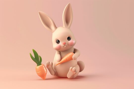 Adorable Rabbit with Carrot in 3D Rendering on Light Pink Background