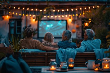 A family enjoys an outdoor movie night in a cozy backyard setting with string lights