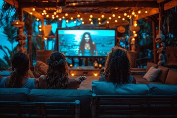 Fototapeta premium A cozy backyard setting designed with string lights, where friends gather to watch a movie night