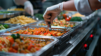 woman hands of a waiter prepare food for a buffet table in a restaurant, hyperrealistic food photography