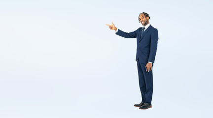 Full body photo of a Black male businessperson guiding