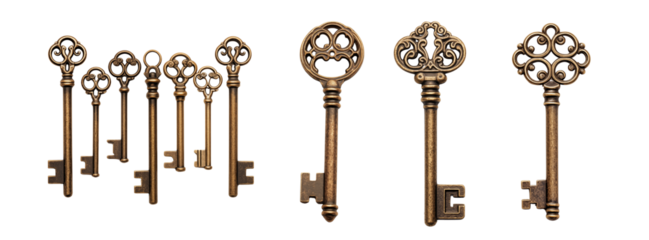 Cutout old keys, steel work tool gold old-fashioned shiny