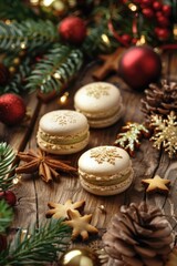 A table adorned with colorful macarons and festive Christmas decorations. Perfect for holiday celebrations