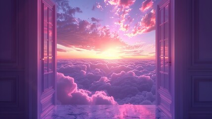 road into the clouds. open door overlooking pink-violet clouds. paradise concept