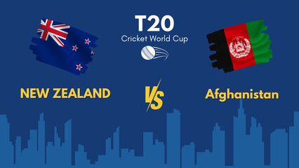 New Zealand vs Afghanistan Scotland flag, world map and building skyline use for t20 cricket world cup 2024 template banner design