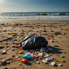 Garbage and plastic littered along the beach. Wastes Endangering Living Life. 