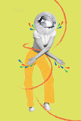 Composite trend artwork sketch image 3D photo collage of black white silhouette young lady headless wear disco ball instead vintage dance