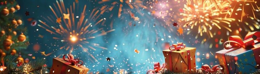 A cheerful scene of gift boxes with cartoon faces, partying under a sky filled with colorful fireworks
