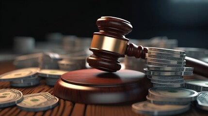 Close-up of Gavel and Money Bag with Stack of Coins - obrazy, fototapety, plakaty