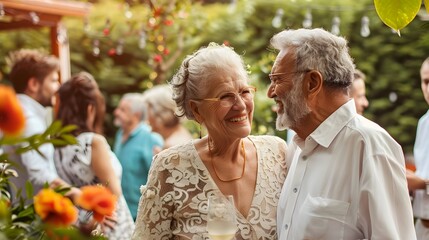 Elderly Couple Celebrating 50th Wedding Anniversary with Loved Ones in Garden Setting - Powered by Adobe