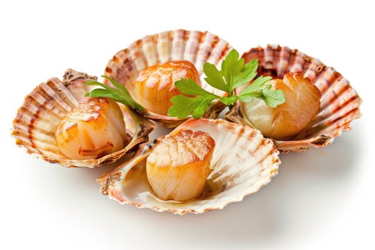 Fresh scallops served in a shell with a garnish of parsley. Ideal for seafood menus or culinary blogs