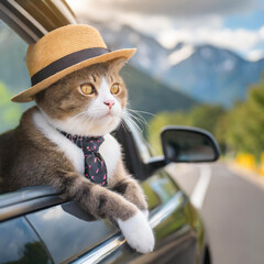 ドライブ中の猫　旅行　トラベル