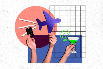 Composite photo collage of hand hold airplane flight credit card cocktail glass drink hobby leisure...