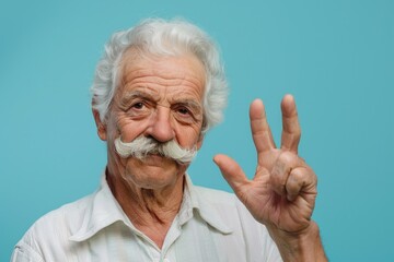 An elderly man with a moustache making a peace sign gesture. Suitable for various concepts and designs - obrazy, fototapety, plakaty