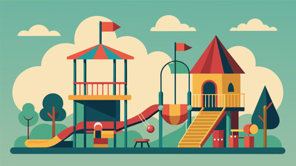 A retroinspired playground designed and built by community members featuring classic play structures and games for a nostalgic feel. - obrazy, fototapety, plakaty