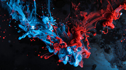Acrylic blue and red colors in water. Ink blot. 