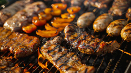 Outdoor barbecue, charcoal grill with meat, roasted beef and vegetables.