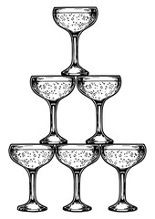 Champagne glass pyramid tower sketch engraving PNG illustration. Scratch board style imitation. Black and white hand drawn image. © Oleksandr Pokusai