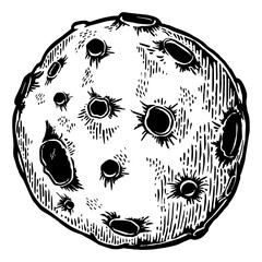 Planet with asteroid meteorite planet impact crater engraving PNG illustration. Scratch board style imitation. Black and white hand drawn image. © Oleksandr Pokusai