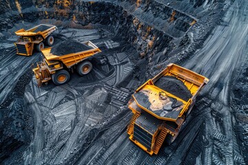 Three large trucks are driving through a muddy, black pit. The trucks are yellow and black, and they are carrying coal. The pit is filled with dirt and rocks