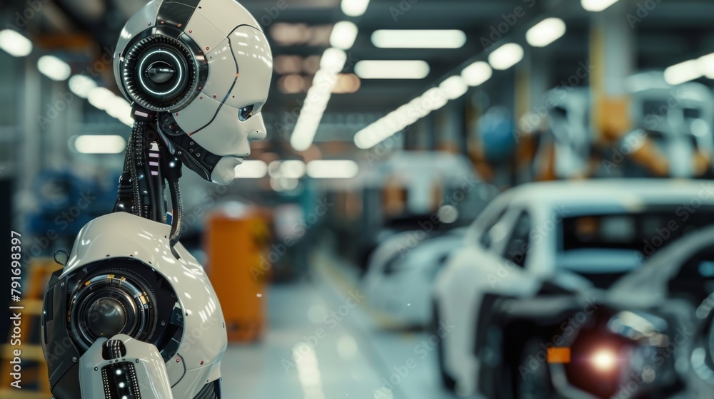 Poster futuristic robot in automotive assembly line