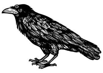 Crow with three eyes sketch engraving PNG illustration. Scratch board style imitation. Hand drawn image.