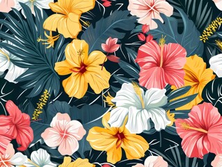Floral pattern with pink, blue, and yellow flowers on black background