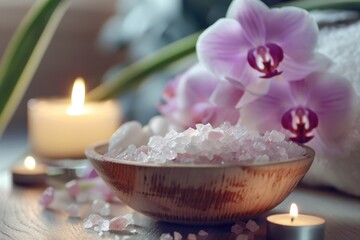 A bowl of sea salt next to a lit candle, perfect for spa or relaxation concept