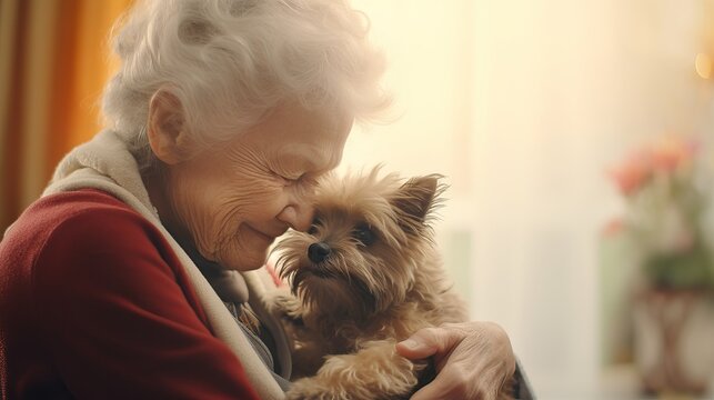 An old lady hugging and spending quality time with her small dog - Pet love with owner