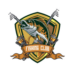 Vector Illustration of Bass Fish and Fishing Rods with Vintage Illustration Available for Tshirt Design