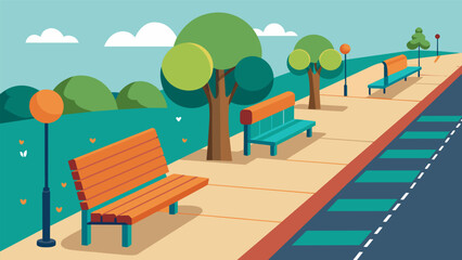 Fototapeta premium A sidewalk with rest areas and benches p at regular intervals providing opportunities for individuals with mobility impairments to rest.