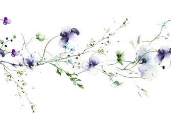 Watercolor painted floral rectangle frame on white background. Violet, blue wild flowers, green branches, leaves.