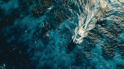 Aerial view of a catamaran navigating in the Ocean. Ca - obrazy, fototapety, plakaty