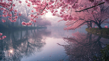A tranquil lake surrounded by cherry blossom trees, their reflections shimmering on the water's surface, creating a serene and idyllic scene in the heart of nature