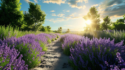 A sunlit pathway surrounded by lavender fields, with each flower releasing a subtle fragrance,...