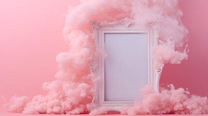 a white frame with pink smoke around it