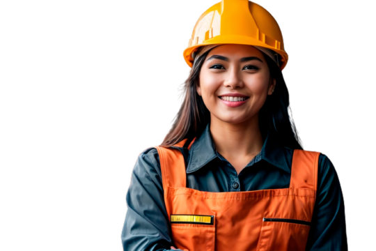 PNG transparent background, isolated, smiling young woman in hard hat and work clothes looking at the camera