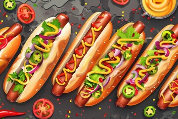 A group of hotdogs with various toppings and condiments. Great for food concepts - obrazy, fototapety, plakaty