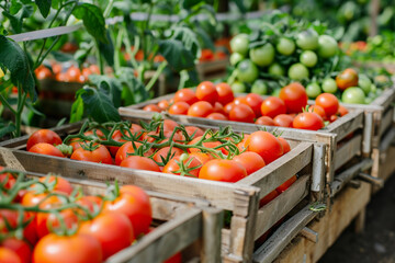 A row of gray wooden crates with fresh red tomatoes. Natural food concept. - 791700141