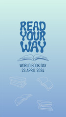 Read your way handwriting groovy text with books vector illustration. World book day 2024 theme. Design for poster, banner, print, social media.