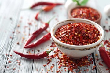 Fresh red chili peppers in a white bowl, perfect for food and spice concepts - obrazy, fototapety, plakaty