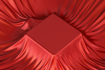 Unknown Perfume Bottle under Red Silk Cloth with Blank Space for Your Design. 3d Rendering