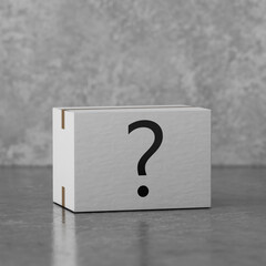 White Cardboard Box Package with Question Mark. 3d Rendering