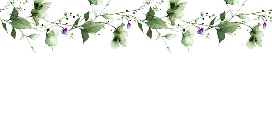 Watercolor painted meadow greenery seamless border on white background. Green wild plants, branches, leaves and twigs.