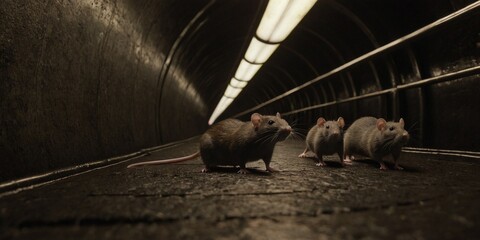 Group of rats in a dark subway tunnel.