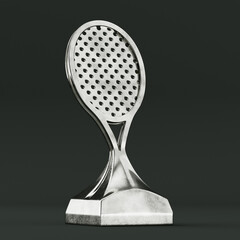 Tennis Award Trophy in the Shape of a Silver Tennis Racket. 3d Rendering