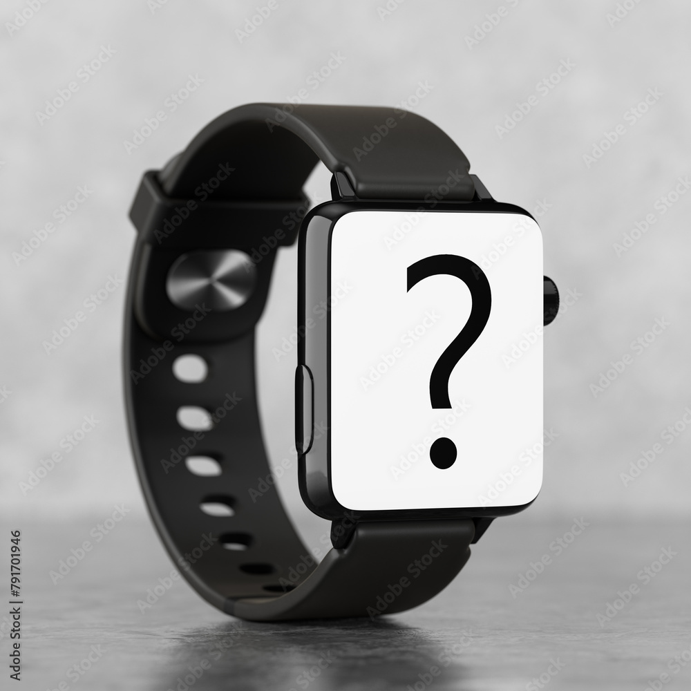 Poster Black Modern Smart Watch Mockup with Strap and Question Mark. 3d Rendering
