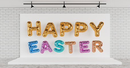Golden Metal Balloon Letters as Happy Easter Sign on White Backdrop Stage in Room with Brick Wall. 3d Rendering