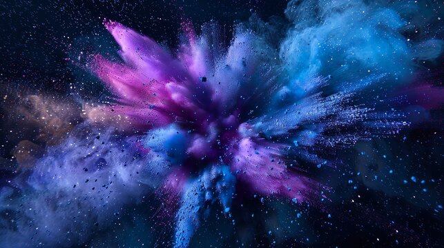 Violette und blaue Farbexplosion vor dunklem Hintergrund, rauchender Knall, Explosion aus lila Pulver	