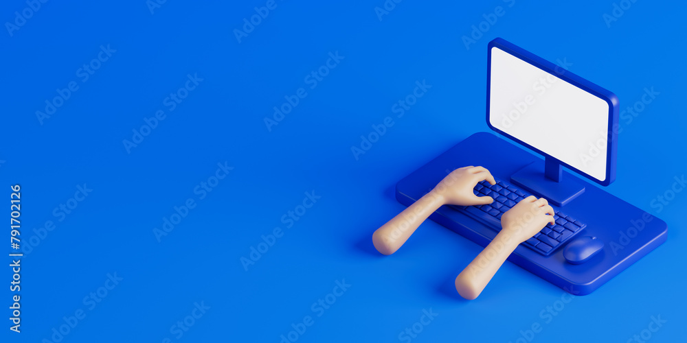 Poster infographic isometric cartoon scene with desktop and hands on a computer keyboard. 3d rendering